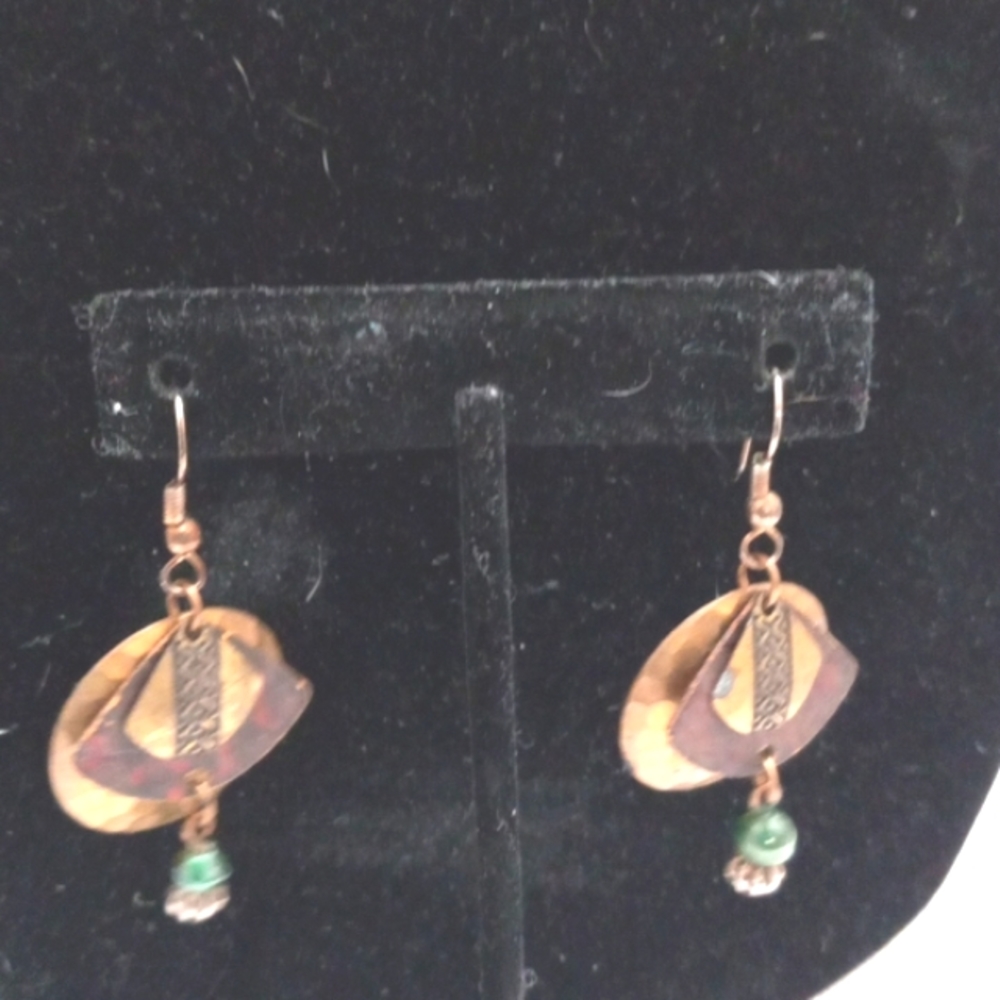 Copper Tone Double Circles W/ Blue Bead Dangle Earrings